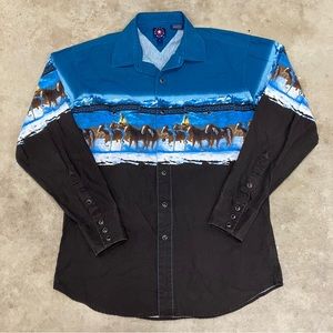 Vintage Panhandle Slim Men's Shirt Large Black Blue Horses Snap Button Up Long